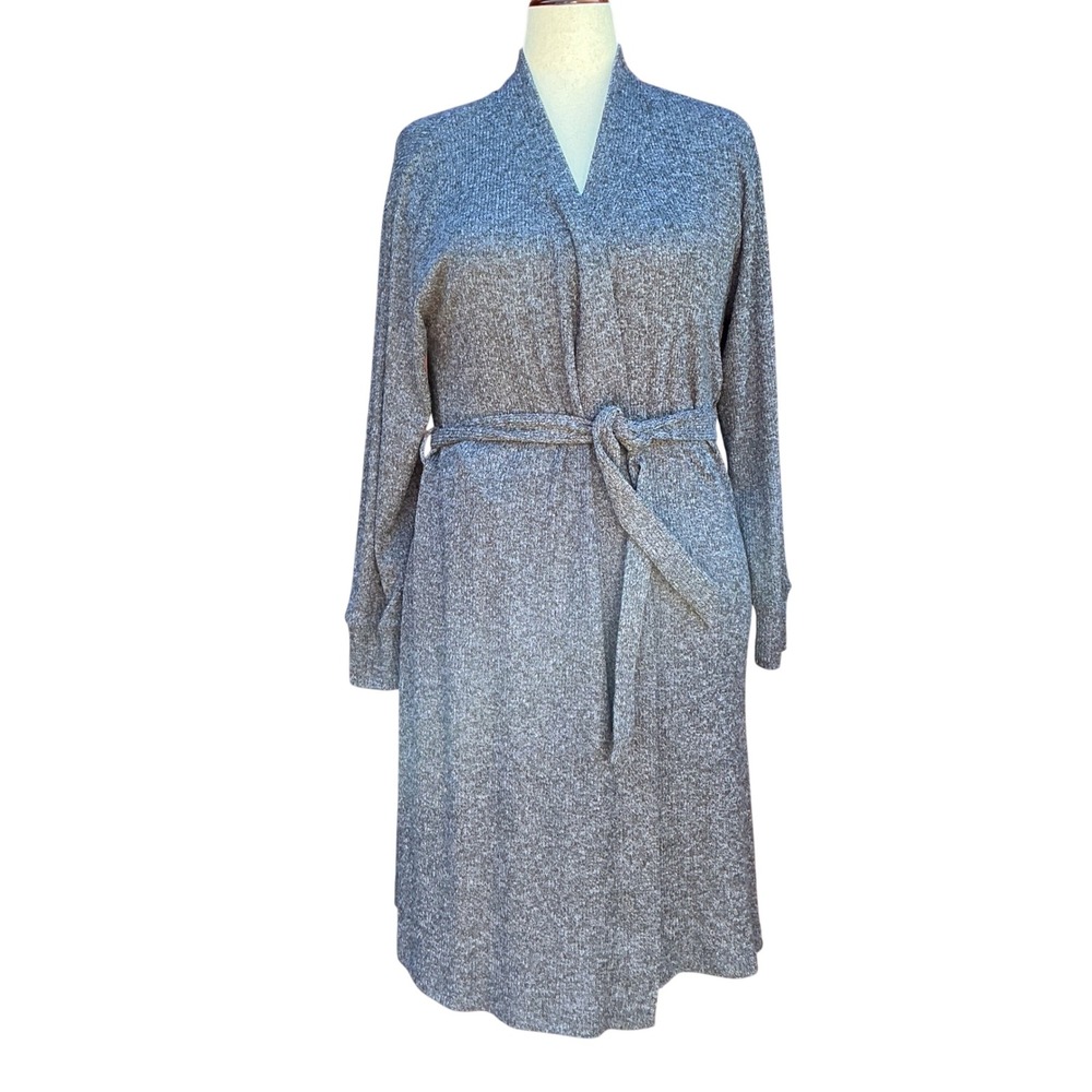 Lands End Robe Womens M Gray Ribbed Knit Tie Waist Cozy Loungewear Minimalist